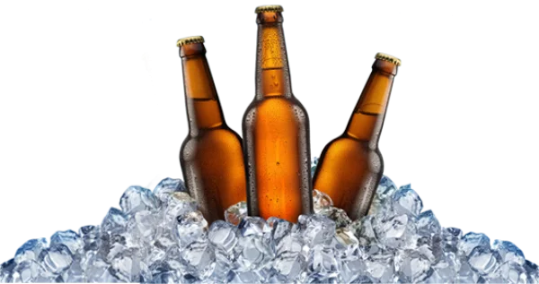 Three Cold Beer Bottles on Ice PNG Transparent