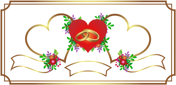 Golden Wedding Rings and Heart Frame PNG Transparent Background