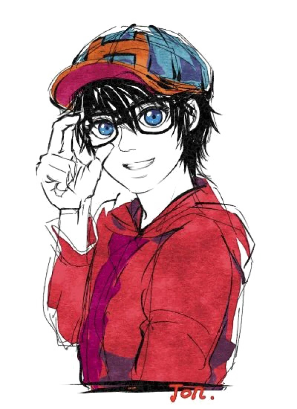 Anime Boy with Glasses and Red Hoodie PNG