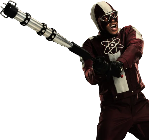 Red and White Superhero with Atom Symbol and Staff PNG