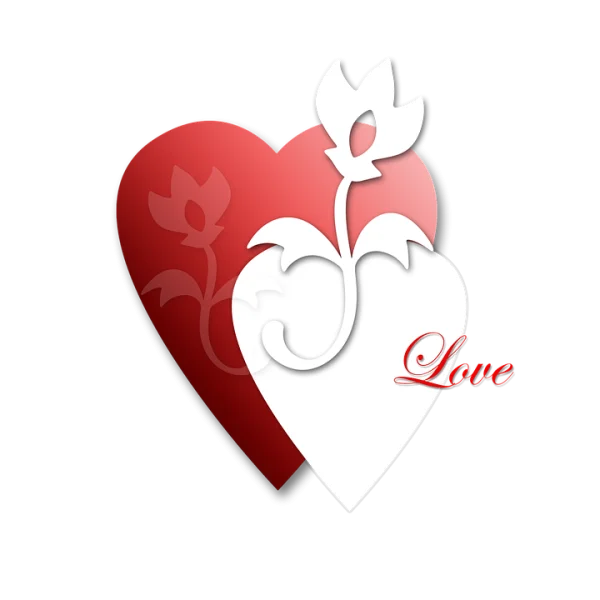 Red and White Overlapping Hearts with Floral Design and Love Text PNG