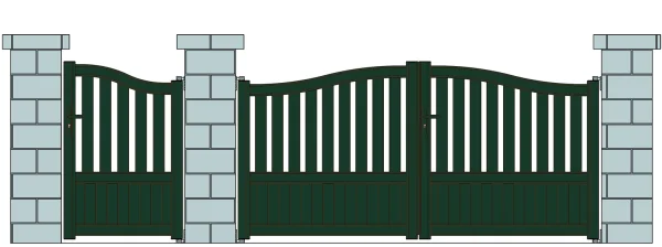 Dark Green Ornate Gate with Stone Pillars PNG