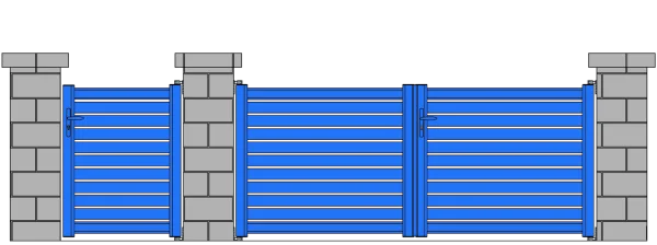 Blue Modern Gate and Fence with Brick Pillars PNG