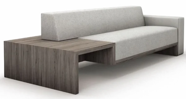 Contemporary Grey Sofa with Integrated Wood Side Table PNG