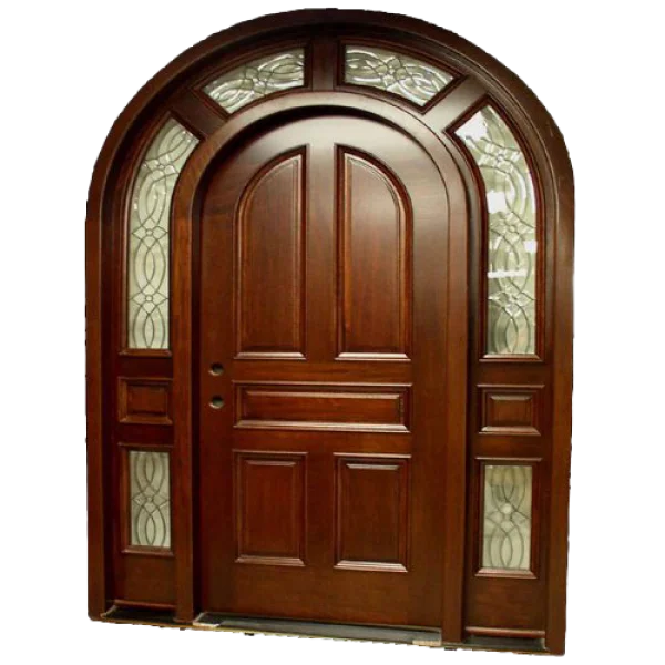 Arched Wooden Entry Door with Decorative Glass PNG