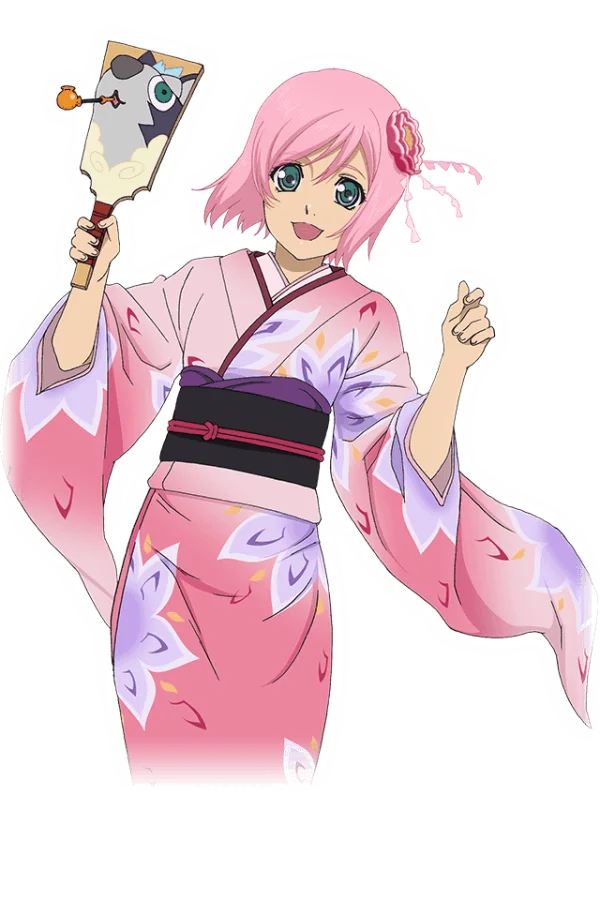 Pink Haired Anime Girl in Kimono with Fan PNG