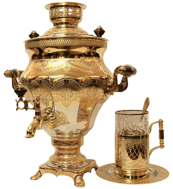 Golden Samovar and Tea Glass PNG Transparent Background