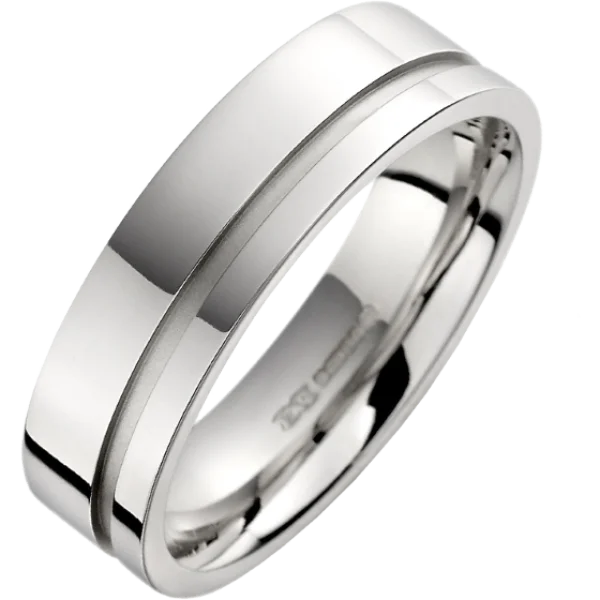 Sleek Silver Wedding Ring with Matte Groove PNG