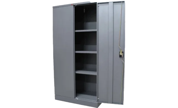 Grey Metal Storage Cabinet with Open Doors PNG