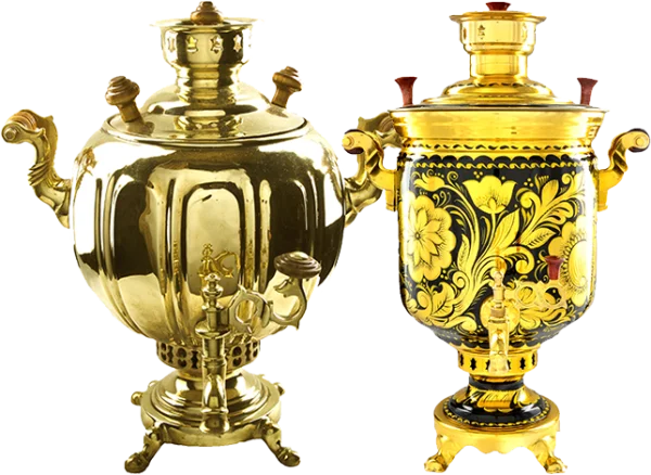 Two Golden Russian Samovars PNG Transparent Background