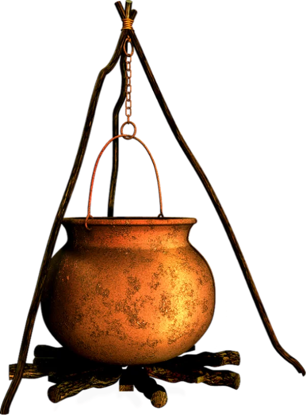 Rustic Cooking Pot on Campfire Tripod PNG