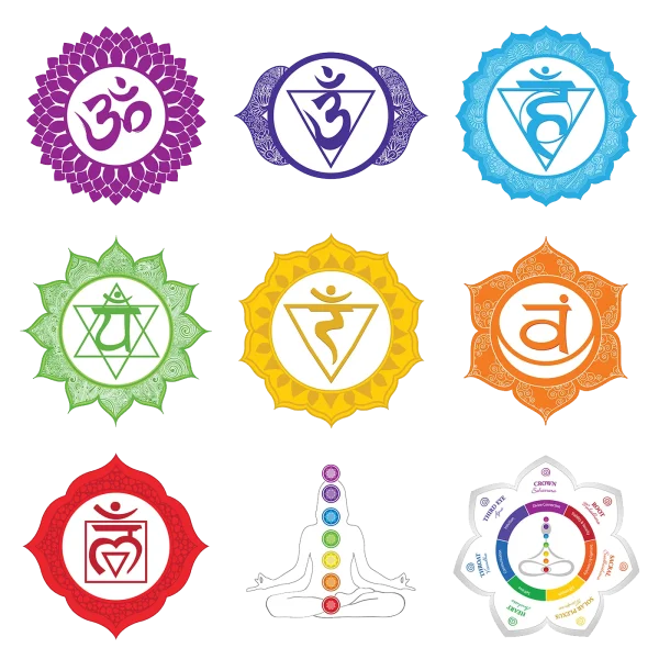 Seven Chakra Symbols and Meditating Figure PNG Set