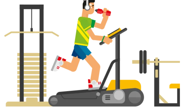 Cartoon Man Running on Treadmill in Gym PNG