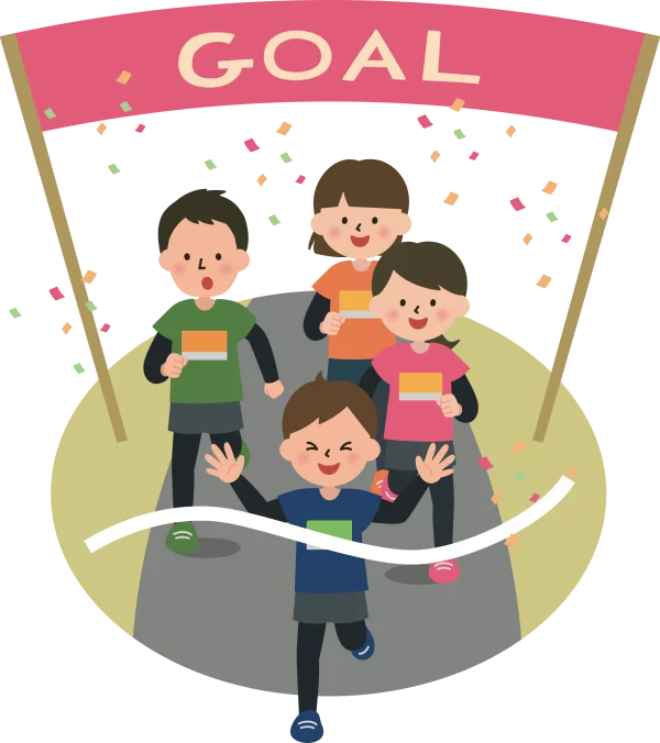 Children Crossing Finish Line with Goal Banner PNG