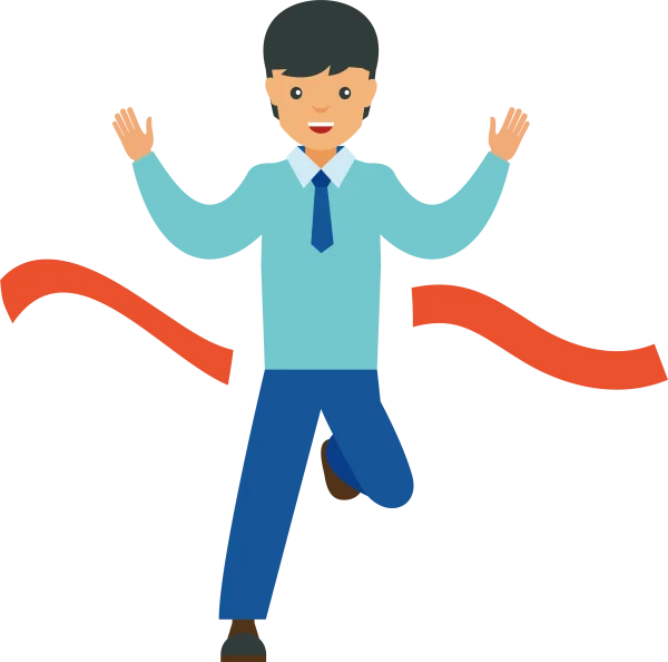 Cartoon Man Crossing Finish Line and Celebrating Victory PNG