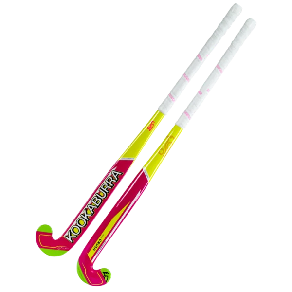 Pair of Pink and Yellow Kookaburra Field Hockey Sticks PNG