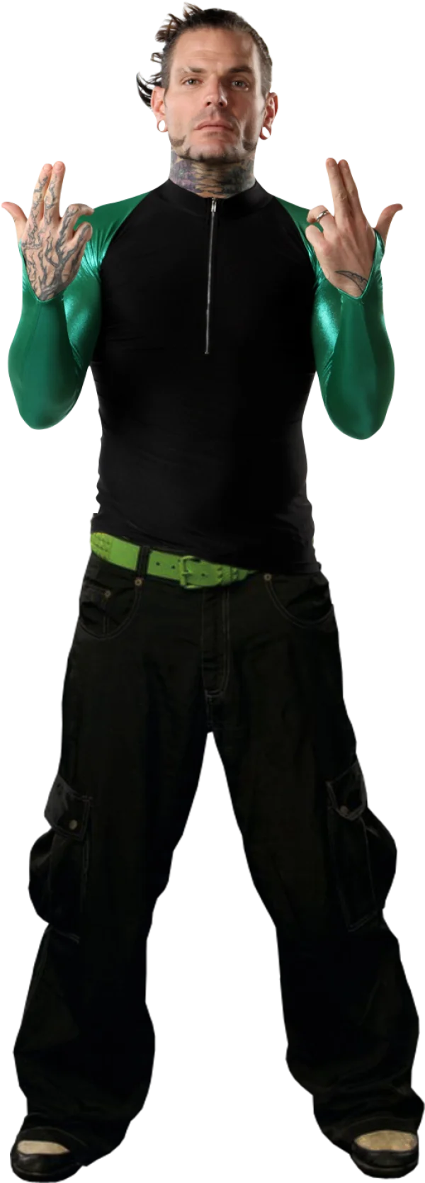 Jeff Hardy Full Body Black Shirt Green Sleeves PNG