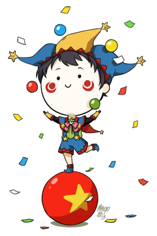 Cute Jester Character Balancing on Ball with Confetti PNG