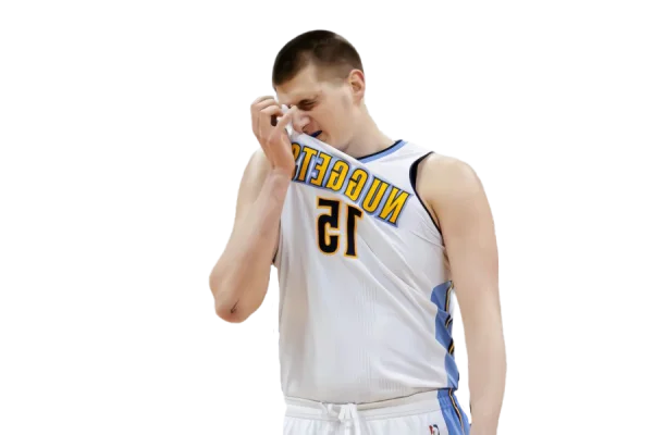 Nikola Jokic Wiping Face in Denver Nuggets Jersey PNG