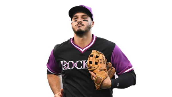 Baseball Player in Black and Purple Uniform with Glove PNG
