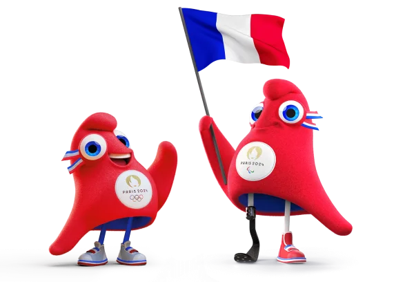 Paris 2024 Phryge Mascots Waving and Holding French Flag PNG
