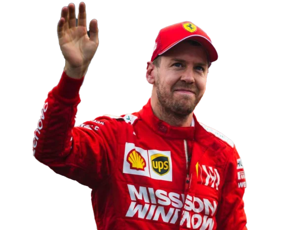 Sebastian Vettel Waving in Ferrari Racing Suit PNG