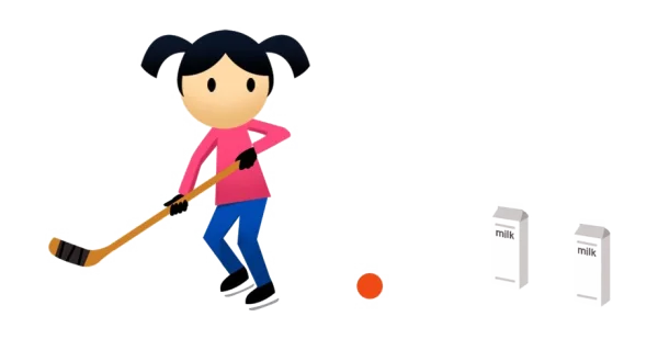 Cartoon Girl Playing Floor Hockey with Milk Carton Goals PNG