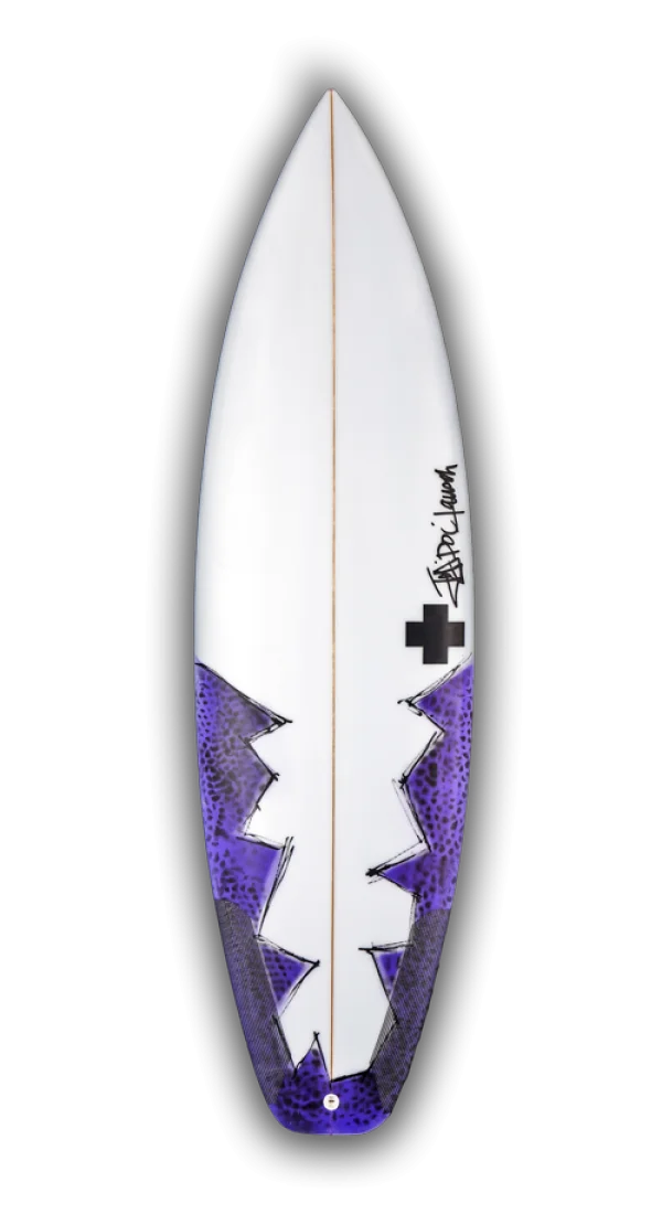 White Surfboard with Purple Leopard Print and Black Graphics PNG