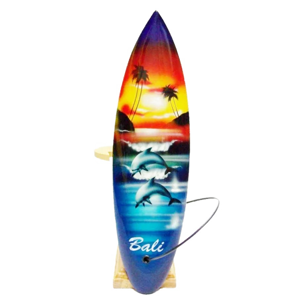 Decorative Surfboard with Bali Sunset and Dolphin Design PNG