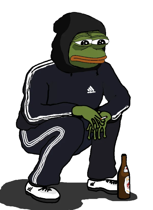 Pepe the Frog Squatting in Adidas Tracksuit with Cigarette and Beer PNG