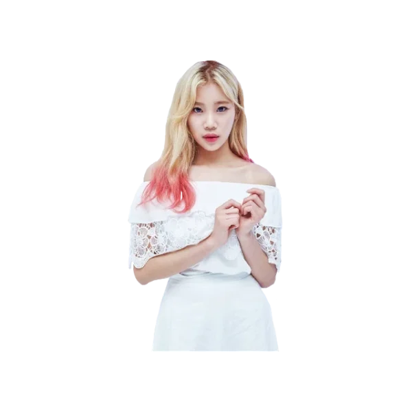 Young Woman with Blonde Hair and Pink Highlights in White Outfit PNG