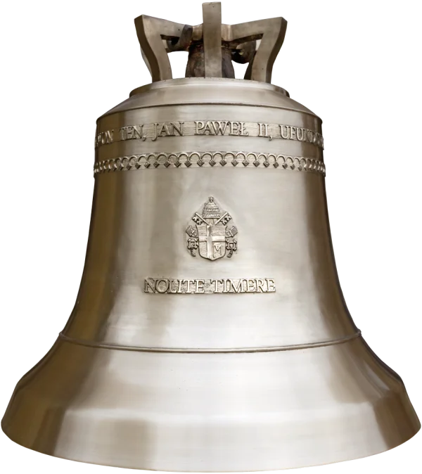 Historic Church Bell with Papal Crest Inscription PNG