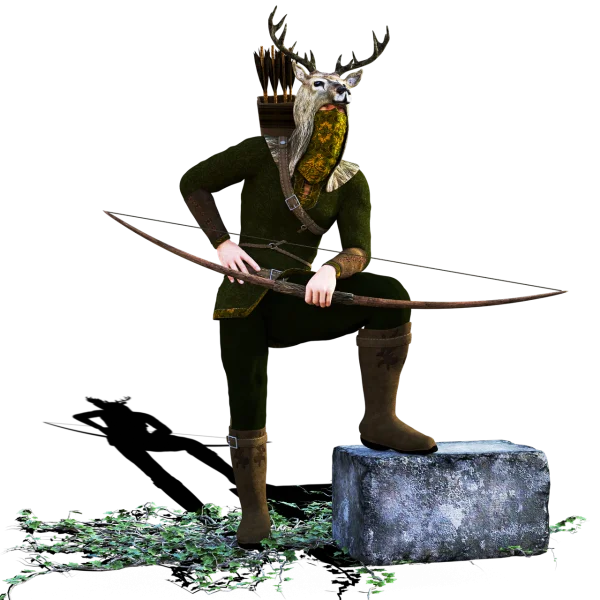 Forest Archer with Deer Head Mask and Bow PNG