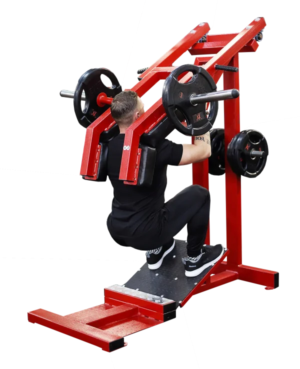 Man Exercising on Red Hack Squat Machine PNG
