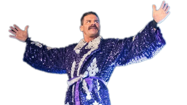 Rick Rude in Purple Sequined Robe with Arms Raised PNG