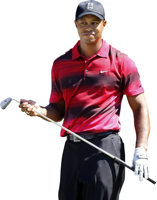 Tiger Woods Holding Golf Club in Red Shirt PNG