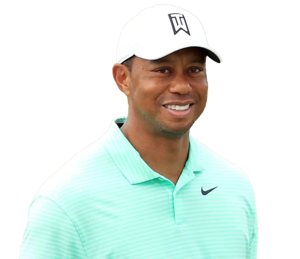 Tiger Woods Smiling in Mint Green Polo Shirt PNG