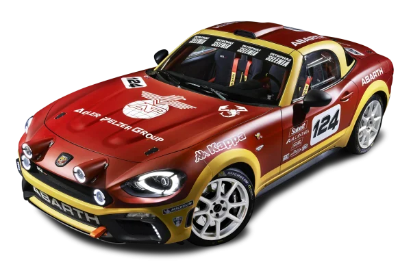 Red and Yellow Abarth 124 Rally Car PNG