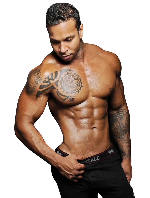 Muscular Man with Tribal Tattoos Looking Down PNG