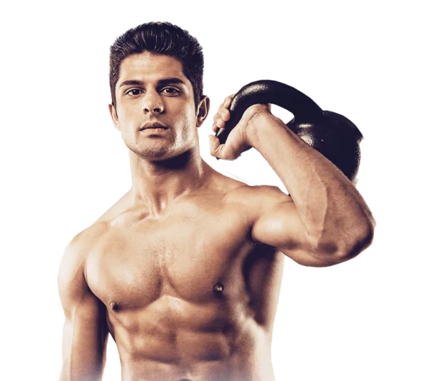 Shirtless Muscular Man Holding Kettlebell PNG