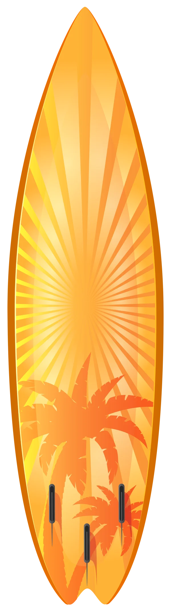 Orange Tropical Surfboard with Sun Rays and Palm Tree Silhouettes PNG
