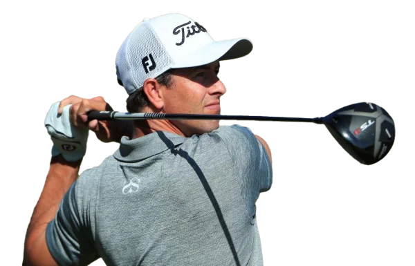 Professional Male Golfer Mid-Swing with Driver PNG