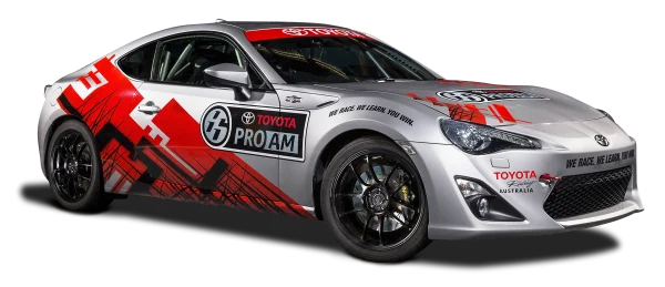 Silver Toyota GT86 Pro Am Race Car with Red Graphics PNG