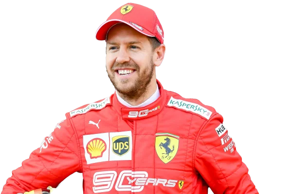 Sebastian Vettel Smiling in Ferrari Racing Suit and Cap PNG