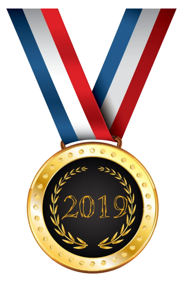 Gold 2019 Award Medal with Red White Blue Ribbon PNG