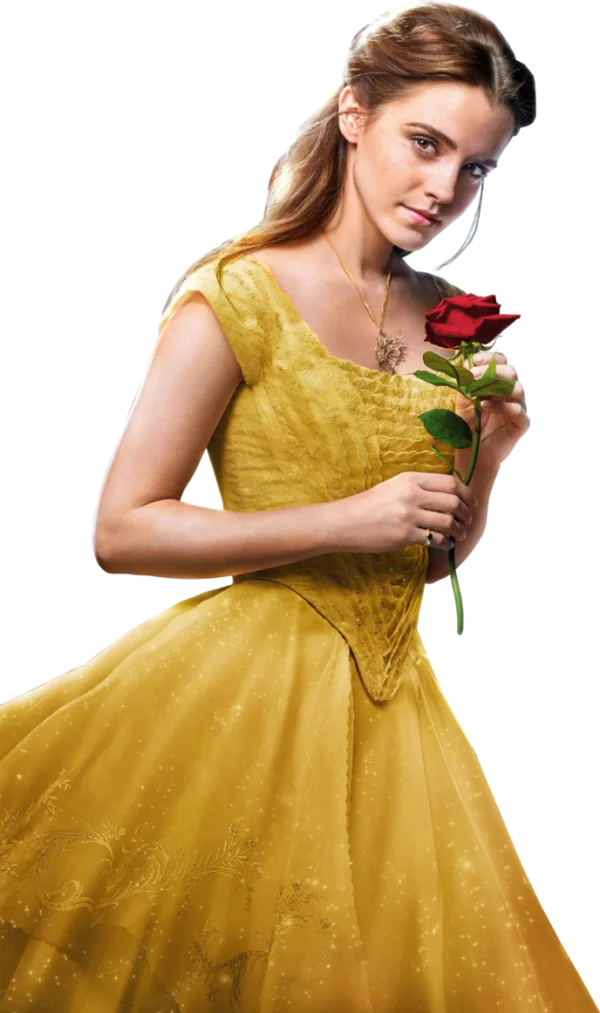 Belle (Emma Watson) in Yellow Ball Gown with Red Rose PNG
