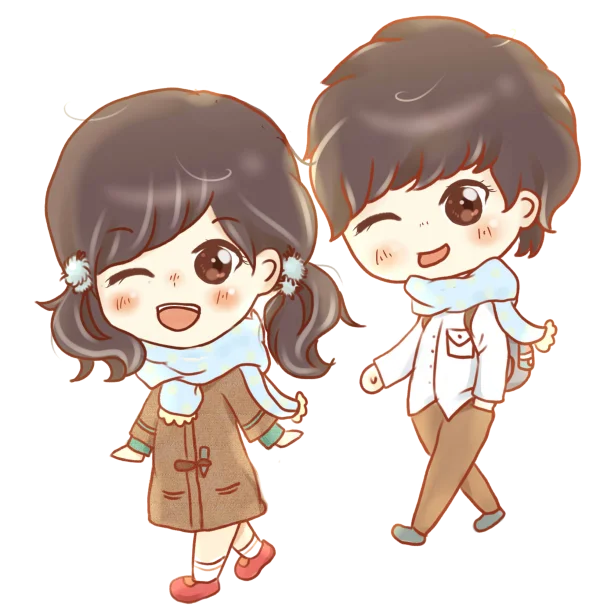 Cute Chibi Couple Walking Winking PNG