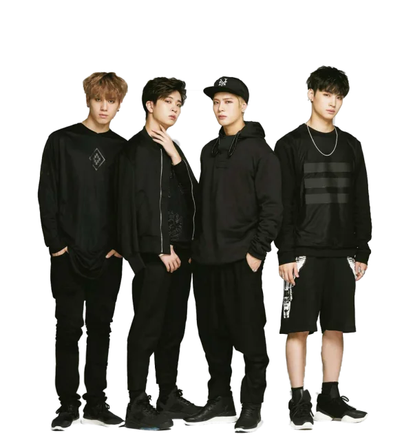 Four K-Pop Style Men in Black Outfits PNG