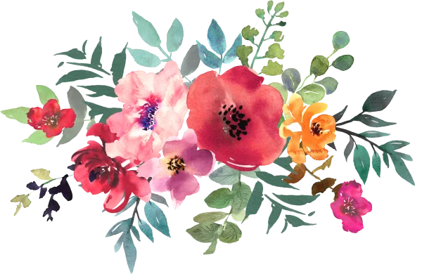 Vibrant Watercolor Floral Bouquet with Green Leaves PNG
