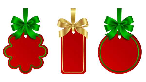Three Festive Red Gift Tags with Green and Gold Ribbons PNG